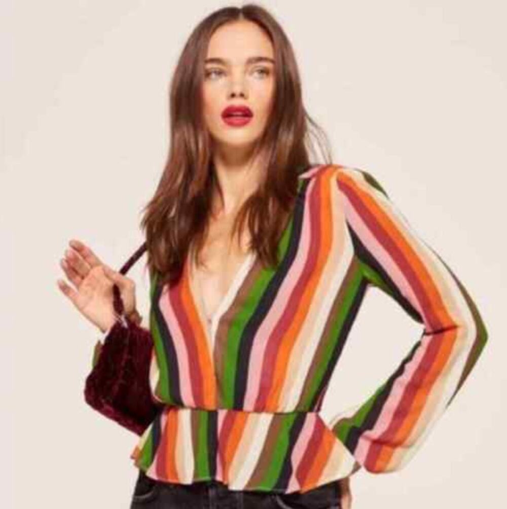 Reformation Camilla Striped Colorful Ruffle Peplum Low Cut Top Blouse Medium